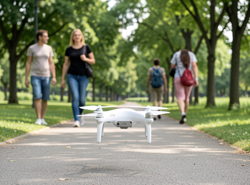 Lightweight sub-250 gram drone flying low over a park path with a few people walking nearby