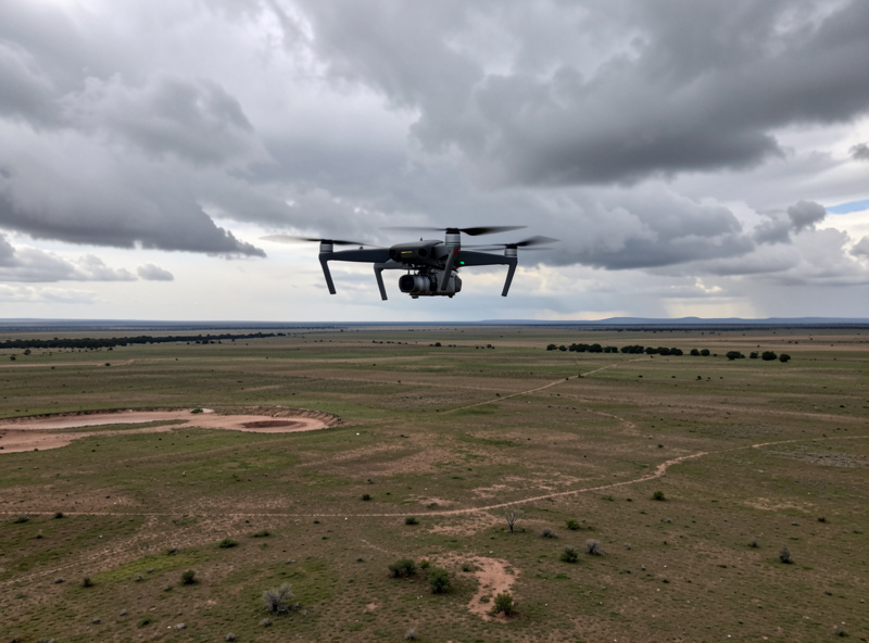 Heavier camera drone flying over a remote open landscape far from any buildings or people