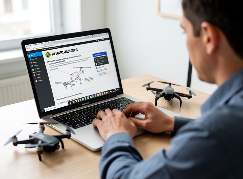 Pilot studying drone subcategory rules on a laptop with a quadcopter on the desk