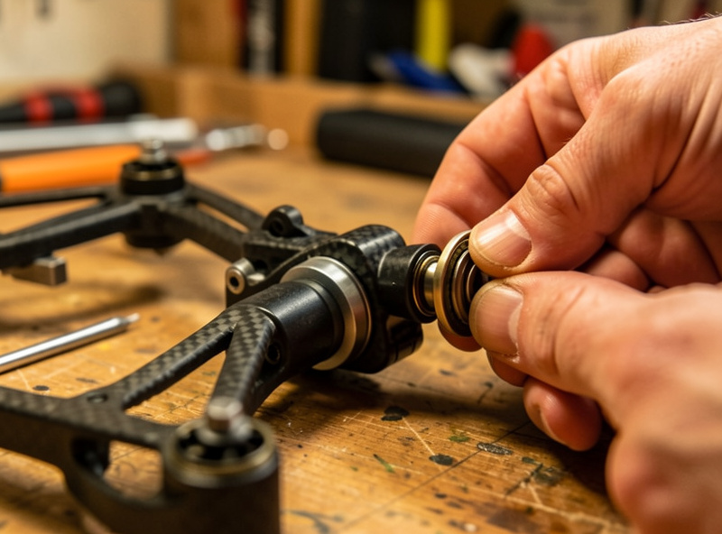 FPV freestyle quad on a repair bench mid-inspection with arm and motor exposed