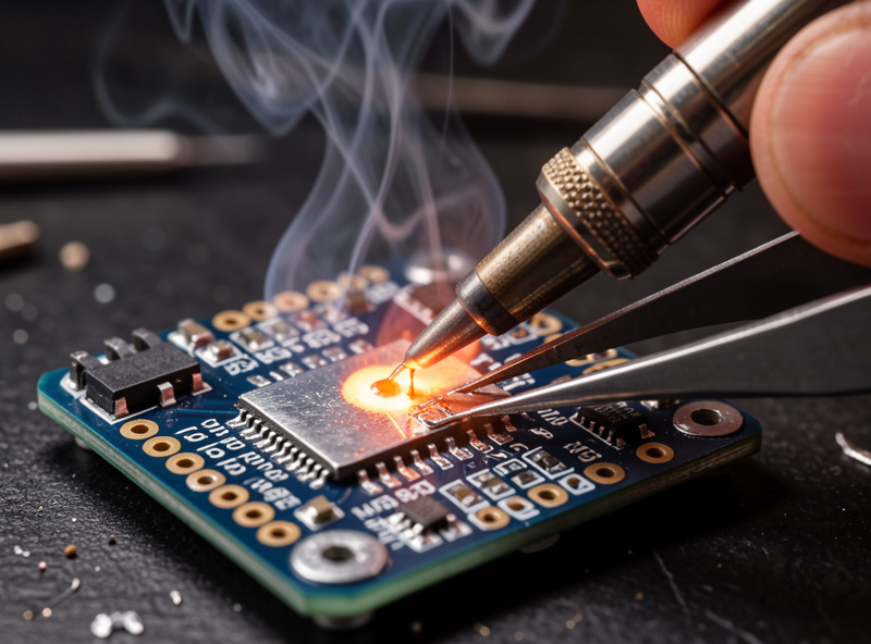 Close-up of a soldering iron re-flowing a lifted pad on an FPV flight controller