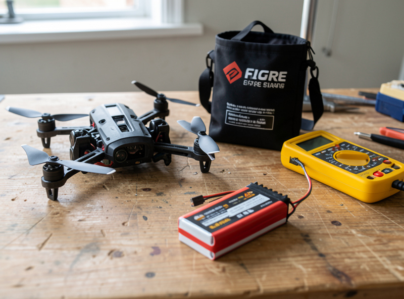 Crashed FPV quad next to a fire-safe LiPo bag and a multimeter on a workbench