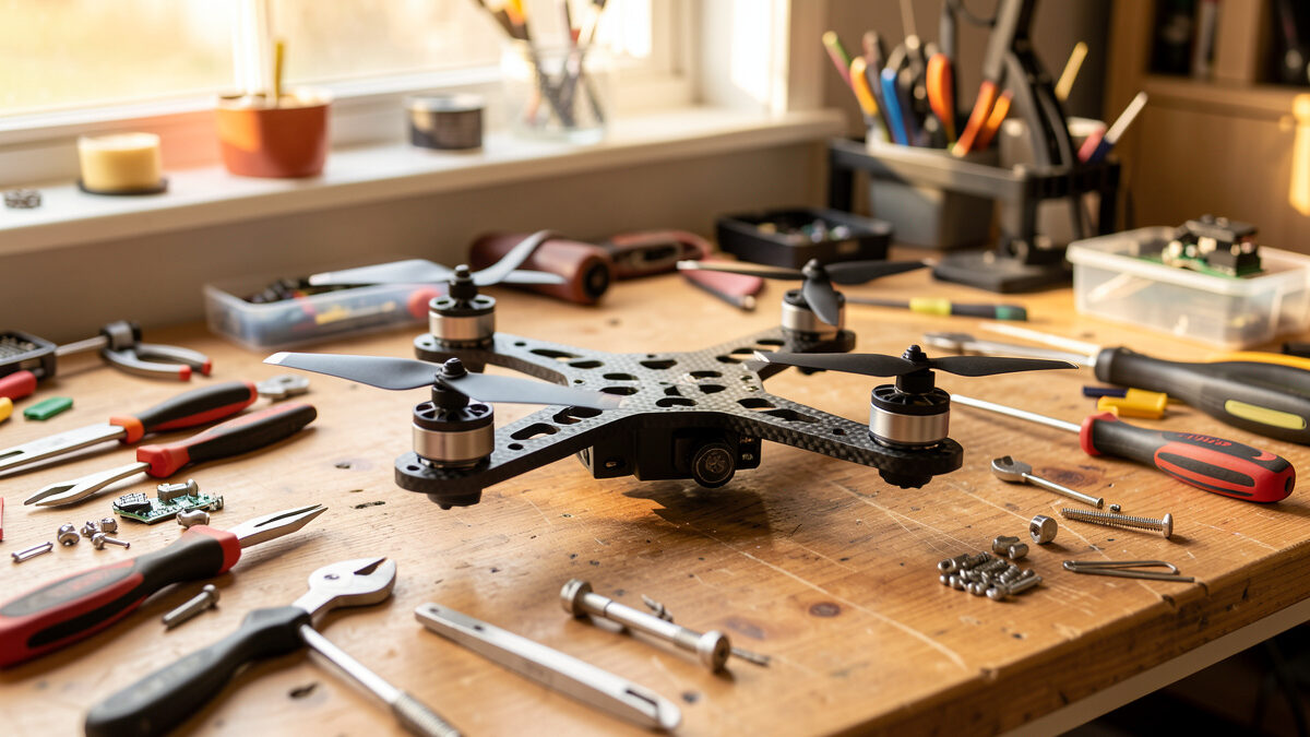 Completed 5-inch FPV freestyle drone with carbon frame and four motors on a workbench surrounded by build tools and parts