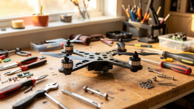 Completed 5-inch FPV freestyle drone with carbon frame and four motors on a workbench surrounded by build tools and parts