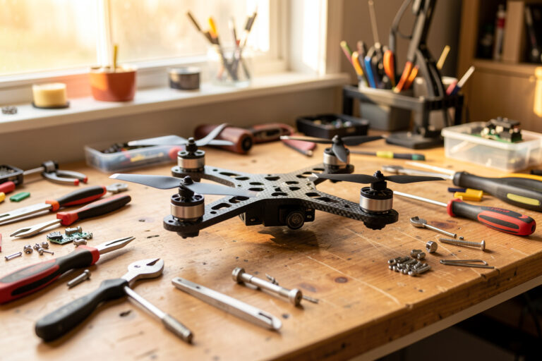 Completed 5-inch FPV freestyle drone with carbon frame and four motors on a workbench surrounded by build tools and parts