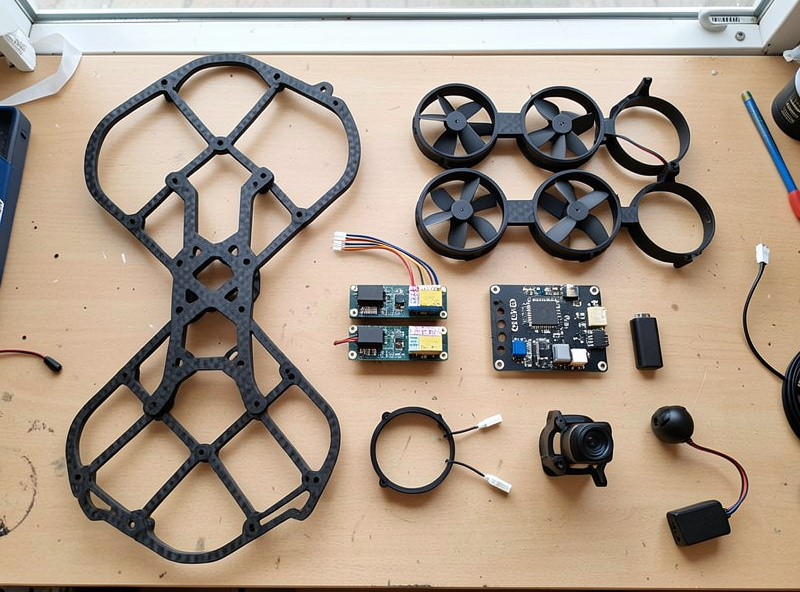 A 5-inch FPV freestyle quad disassembled into its six core parts on a workbench: carbon frame, four motors, flight controller and ESC stack, VTX, camera and receiver