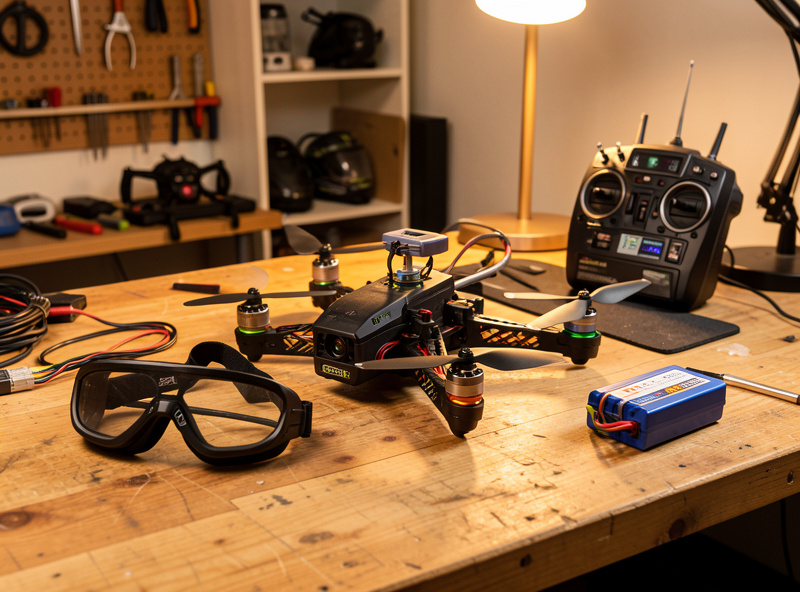 A completed 5-inch FPV freestyle quad on a workbench next to FPV goggles, a radio controller and a LiPo battery, ready for its first arm