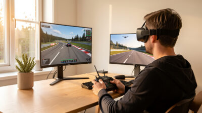 FPV pilot flying a drone simulator on a monitor with a hall-sensor radio