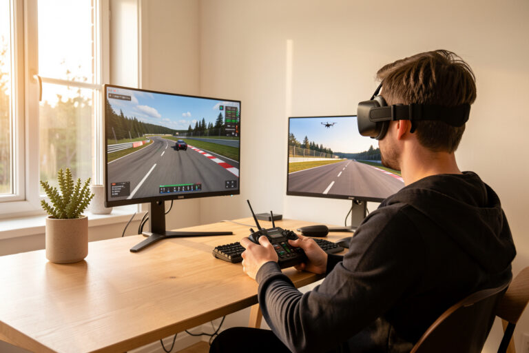 FPV pilot flying a drone simulator on a monitor with a hall-sensor radio