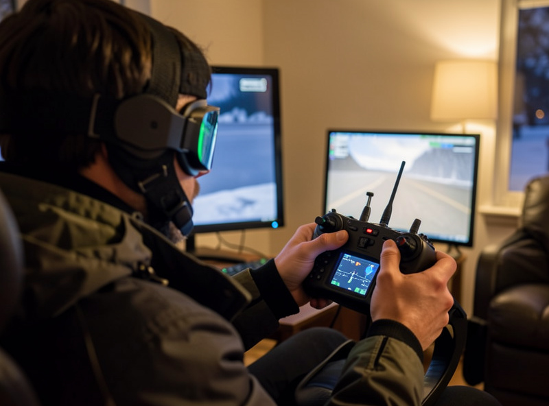 FPV pilot in goggles practicing acro on a simulator with a hall-sensor radio