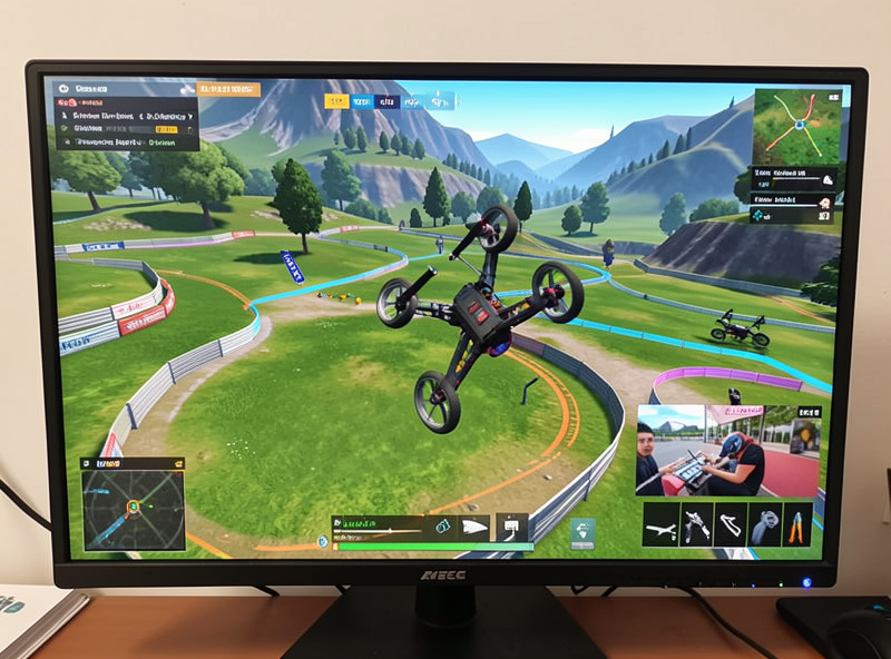 FPV simulator screen showing an acro freestyle map with a quad mid-flip