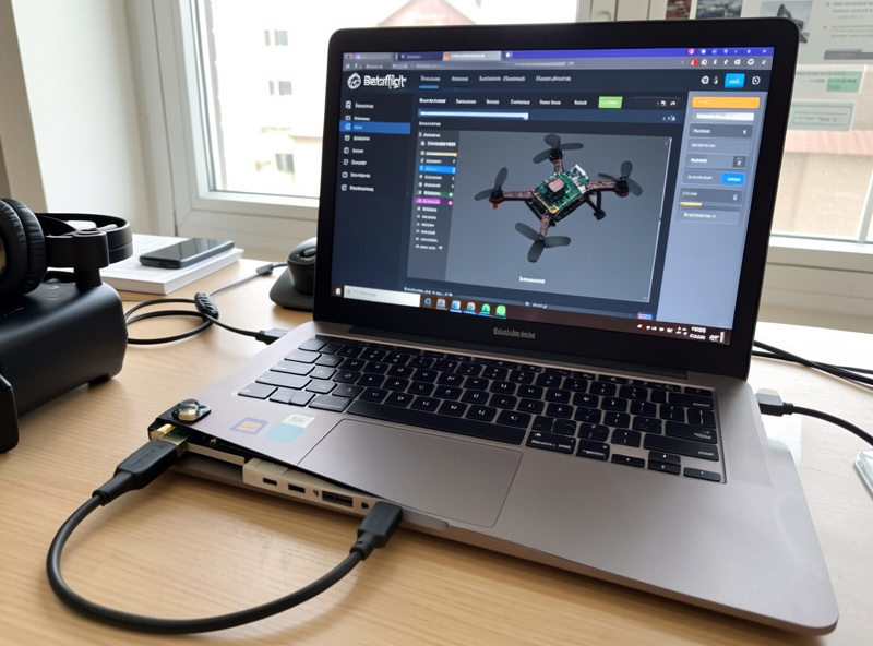 FPV quad connected by USB to a laptop running Betaflight with the board detected on screen