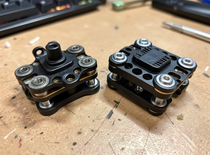 FPV flight controller and ESC stack separated on a workbench showing the stacked board layout