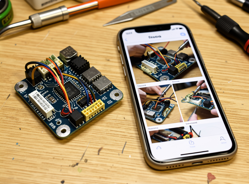 New FPV flight controller board next to labeled photos of the old wiring on a phone