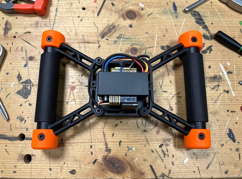 A durable thick-armed freestyle FPV frame with TPU bumpers and soft-mounted stack on a bench