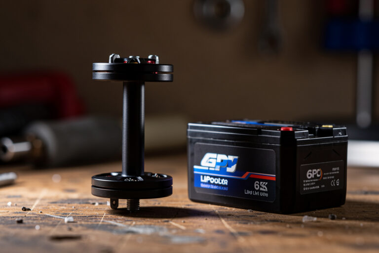FPV brushless motor beside a 6S LiPo battery on a workbench