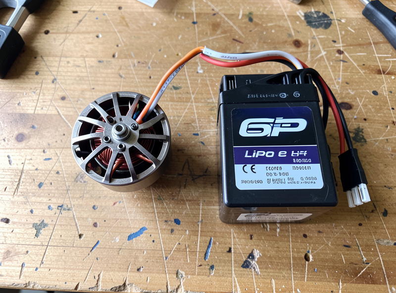 An FPV brushless motor on a bench with a label showing its KV rating, beside a 6S LiPo battery