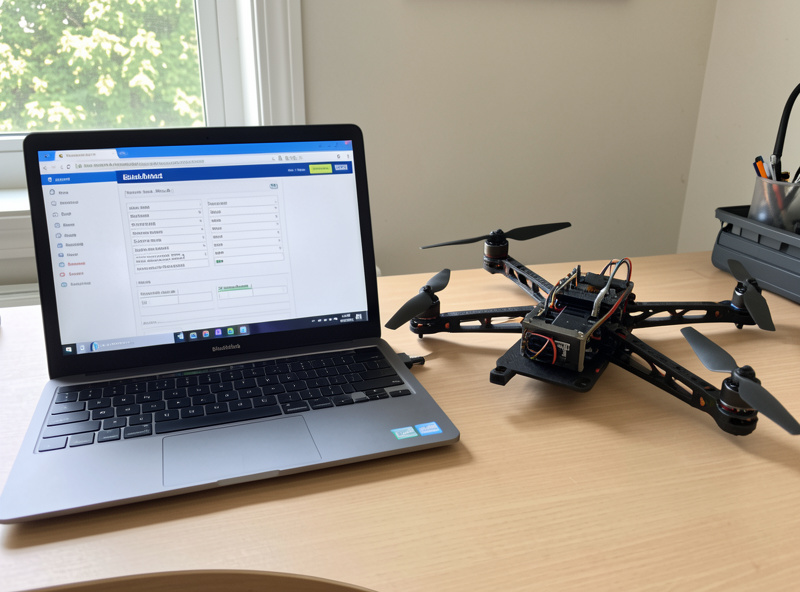 Laptop running Betaflight motor tab next to an FPV quad with props removed for a spin test