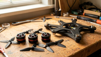 FPV drone motors and propellers arranged on a soldering bench beside a quad frame