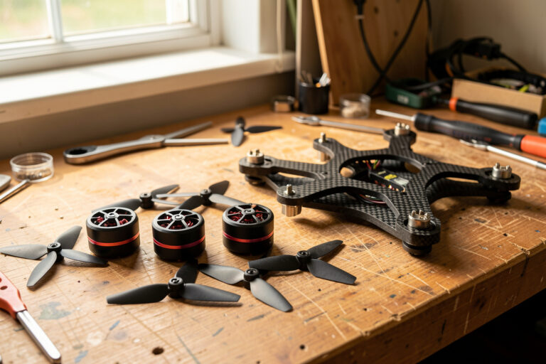 FPV drone motors and propellers arranged on a soldering bench beside a quad frame