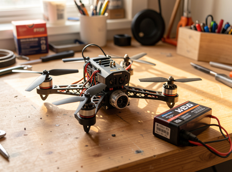 A 5-inch FPV freestyle quad with motors and props installed, sitting on a workbench beside a LiPo battery