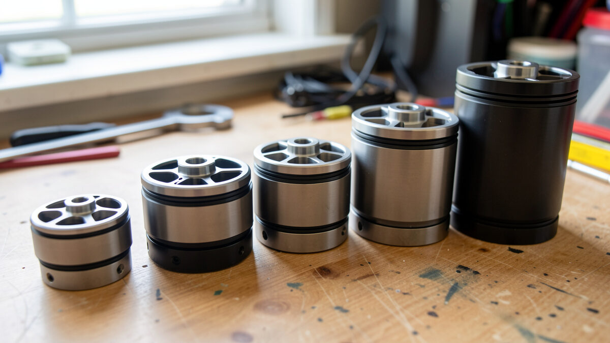 FPV motors of different stator sizes lined up from small to large