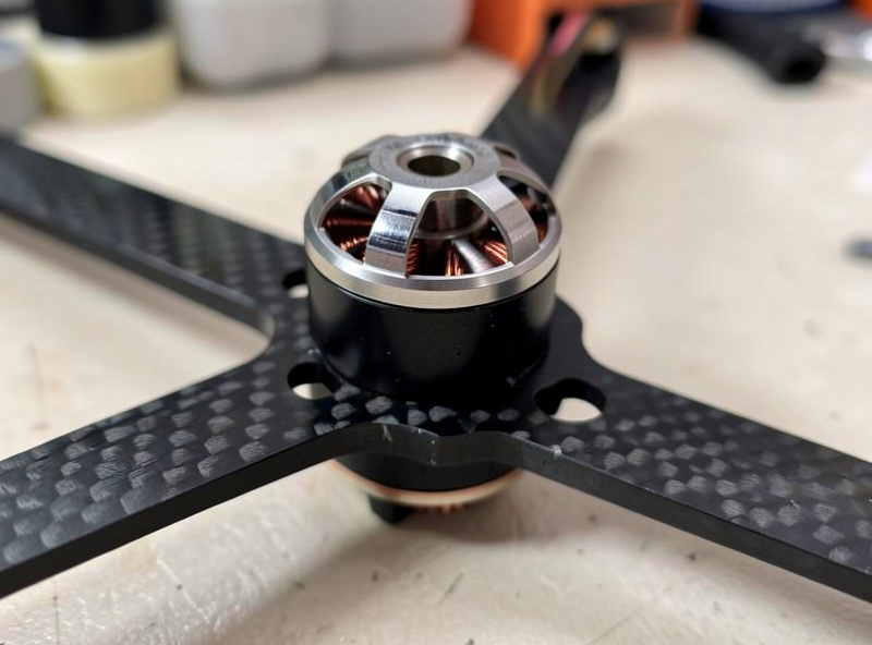 An FPV motor mounted on a quad arm with the stator and bell clearly visible