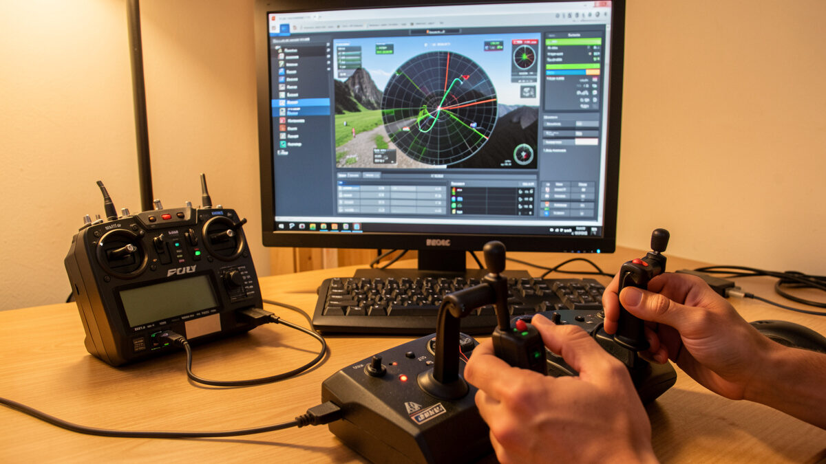 FPV radio connected to a computer for simulator controller setup