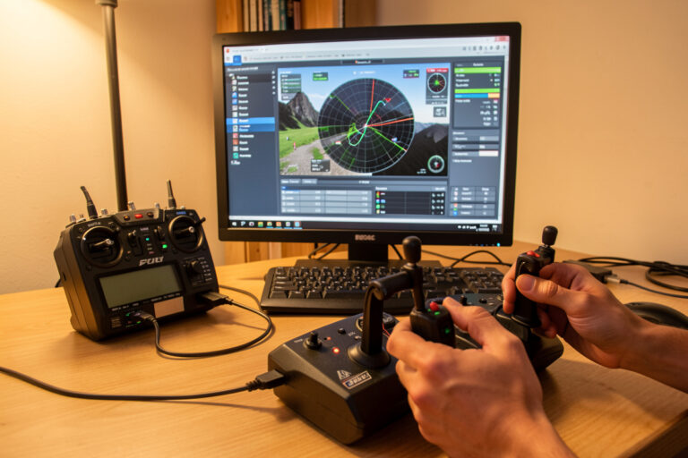 FPV radio connected to a computer for simulator controller setup