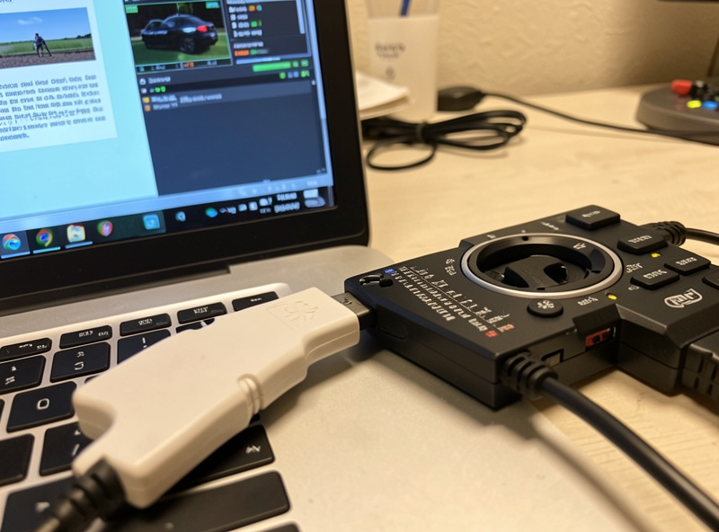Hall-sensor FPV radio plugged into a laptop running a free simulator