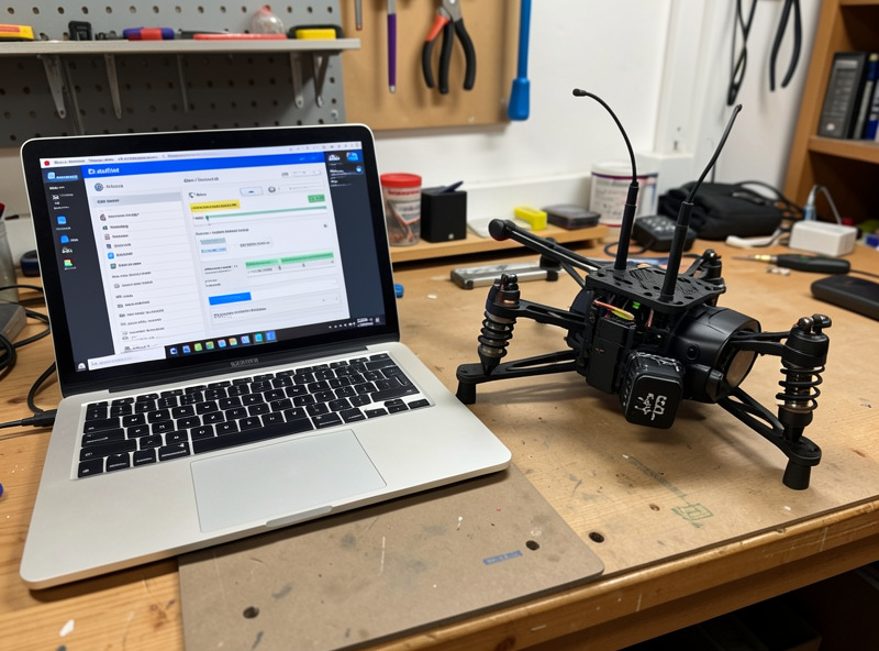 Betaflight GPS Rescue configuration screen on a laptop next to a long-range FPV quad with a GPS module