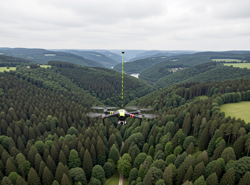 A long-range FPV quad climbing and turning back toward its launch point over a forested valley during a GPS rescue