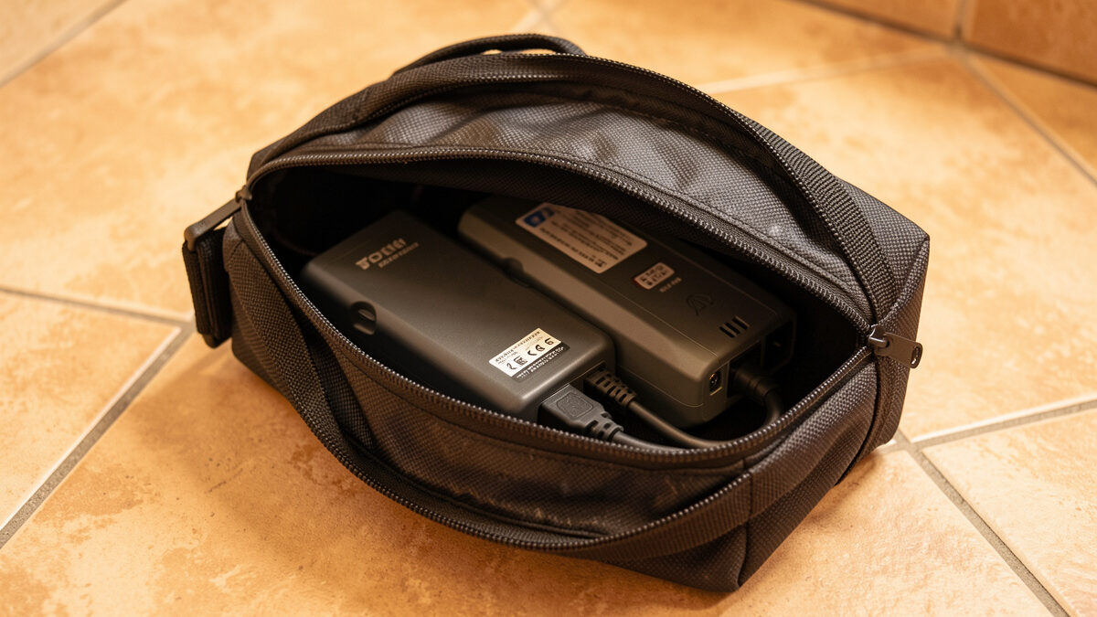 A LiPo battery charging inside a closed fireproof safe bag on a non-flammable bench surface