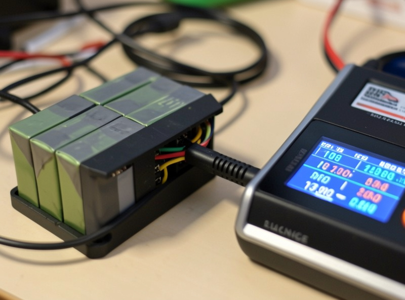 A multi-cell LiPo drone battery pack with its balance lead plugged into a charger showing per-cell voltages