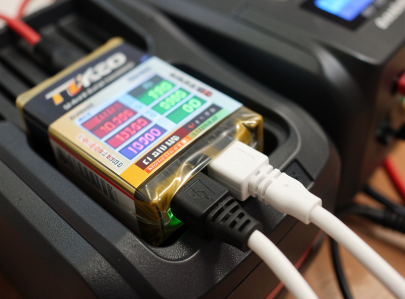 A LiPo pack with both its main connector and balance lead plugged into a charger showing individual cell voltages