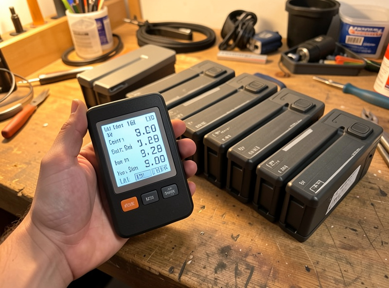 A handheld cell checker showing per-cell voltages held beside a row of drone battery packs on a workbench
