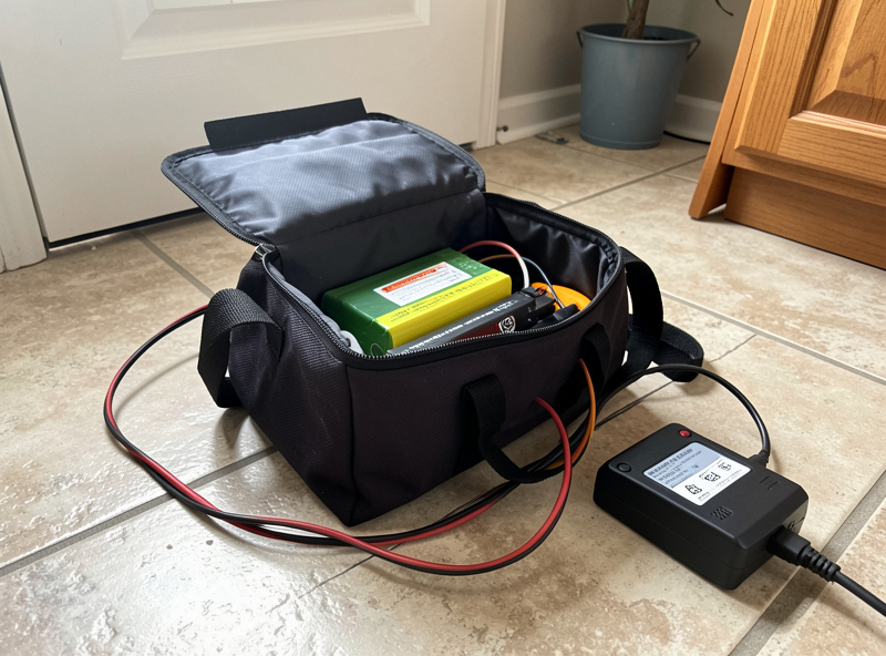 A LiPo pack charging inside an open fireproof bag on a tile floor with the balance lead connected