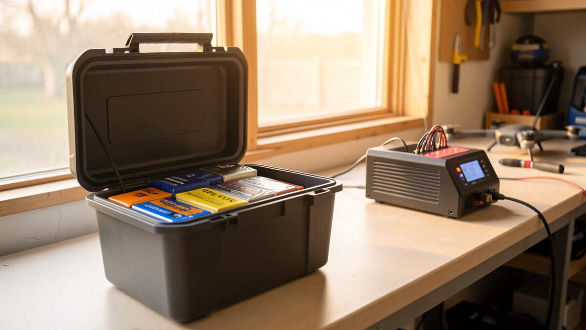 A balance charger, fireproof LiPo bag, and cell checker on a battery bench for safe LiPo battery care