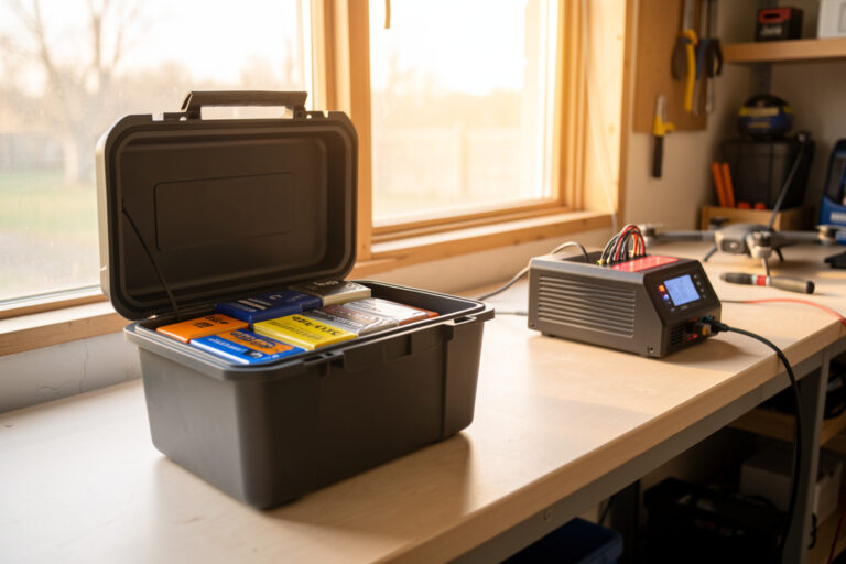 A balance charger, fireproof LiPo bag, and cell checker on a battery bench for safe LiPo battery care