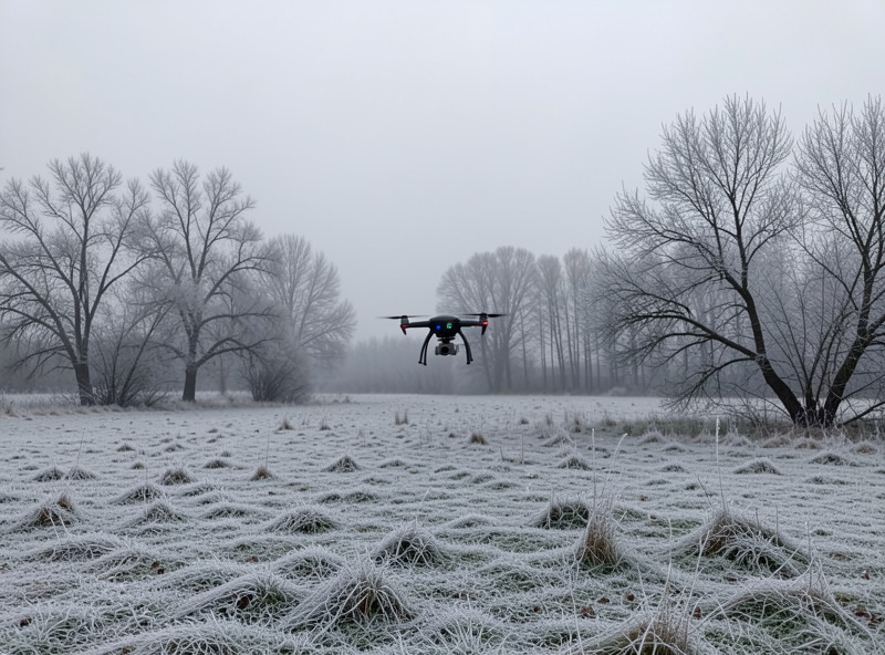 A drone flying in a cold winter landscape with frost on the ground and bare trees under grey light
