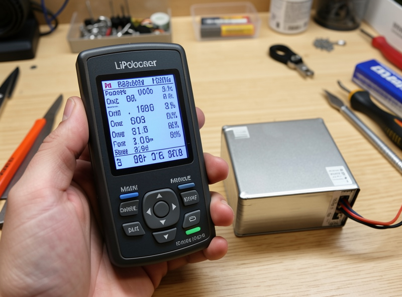 A handheld cell checker reading per-cell resting voltages of a LiPo pack on a workbench