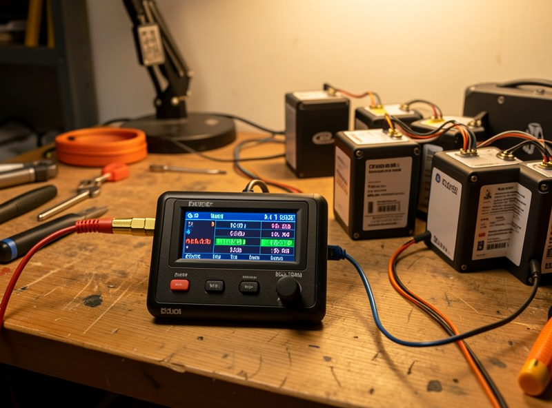 A balance charger on a bench mid-cycle with several LiPo packs waiting, display showing per-cell voltages