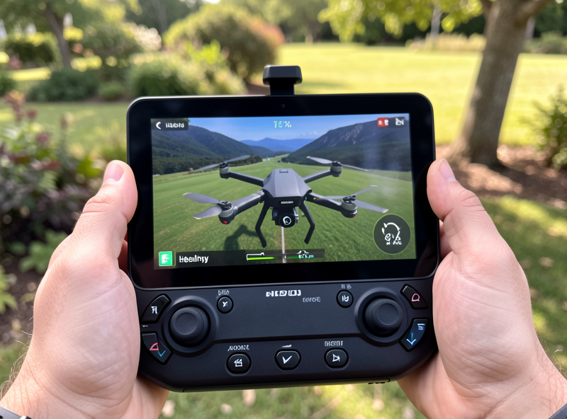 A drone controller screen showing a healthy battery reserve percentage during a flight