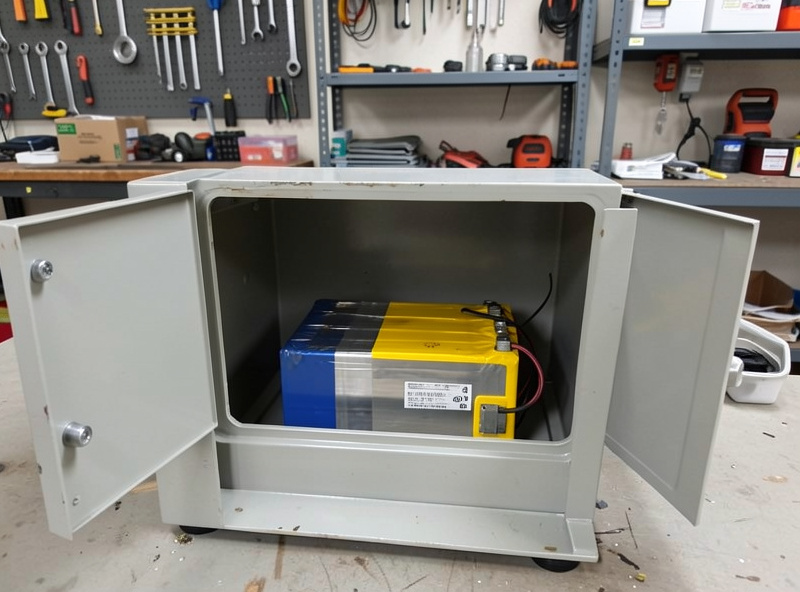 A retired LiPo pack sitting inside a fireproof container ready for proper battery recycling