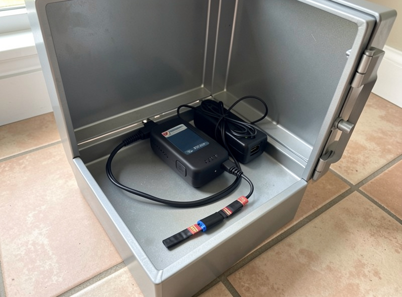 A LiPo pack charging on a tile surface inside a fireproof box with the charger and balance lead connected, room well lit