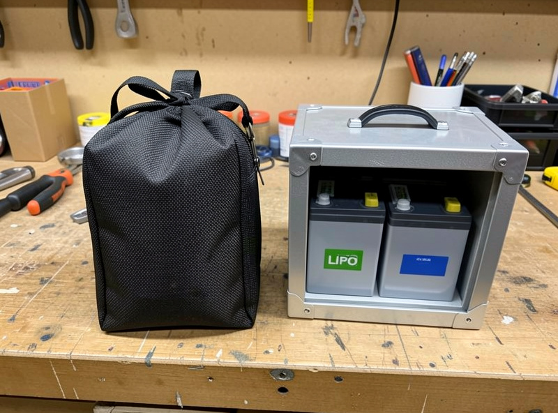 A fiberglass LiPo bag next to a metal ammo-style fireproof box, both holding battery packs, on a workbench