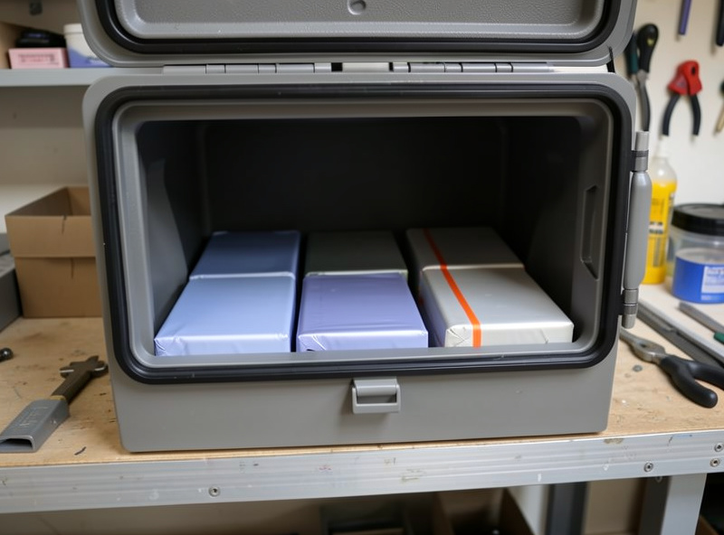 Several LiPo packs resting at storage charge inside a fireproof container on a cool shelf