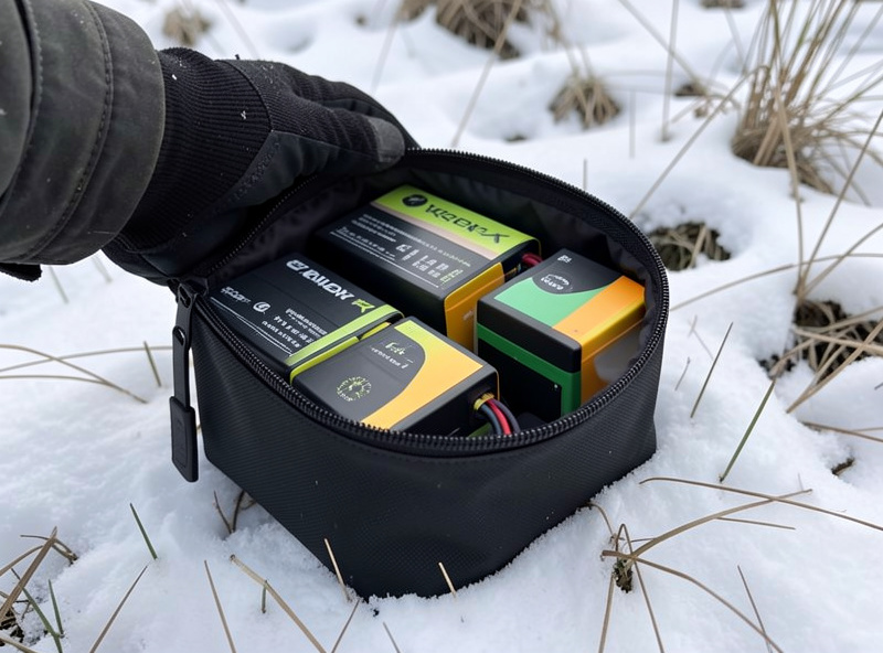 LiPo packs kept warm in an insulated pouch in the field on a cold day, snow in the background