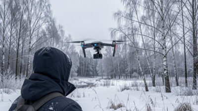 A sub-250g drone flying in cold winter conditions with LiPo packs kept warm in an insulated pouch