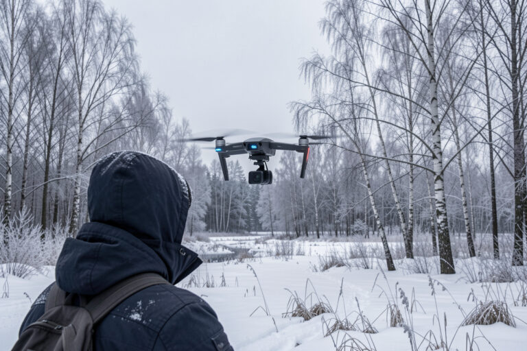 A sub-250g drone flying in cold winter conditions with LiPo packs kept warm in an insulated pouch